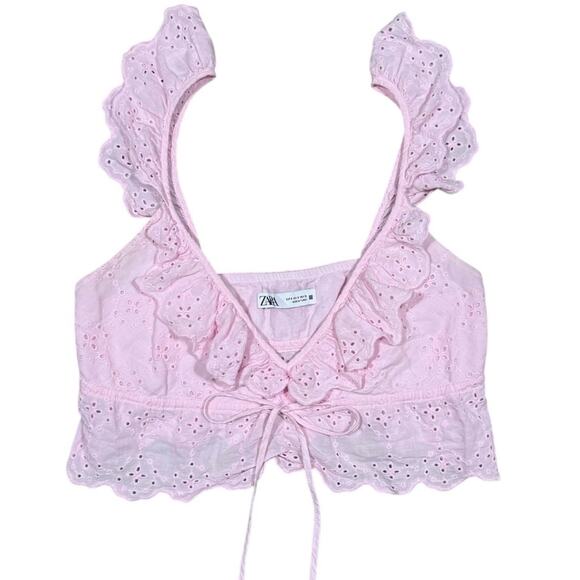 Zara Tops - Zara Eyelet Ruffle Crop Top Tank Top Tie Front Bow Size Small Pink Cottagecore